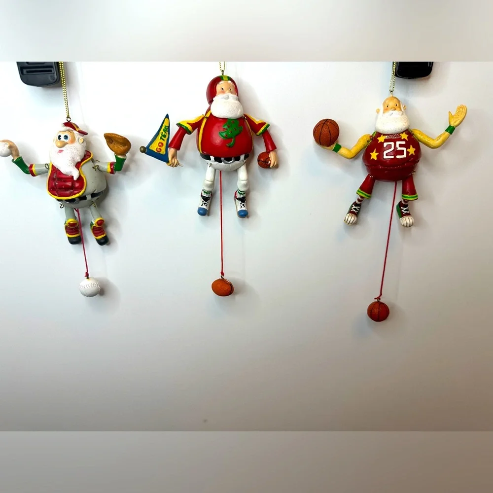 Sports Themed Santa Ornaments Set of 3 Baseball Basketball and Football Moveable